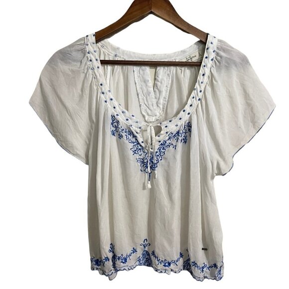 Abercrombie & Fitch Womens White Blue Tie Floral Embroider Bohemian Blouse Small - Picture 1 of 9
